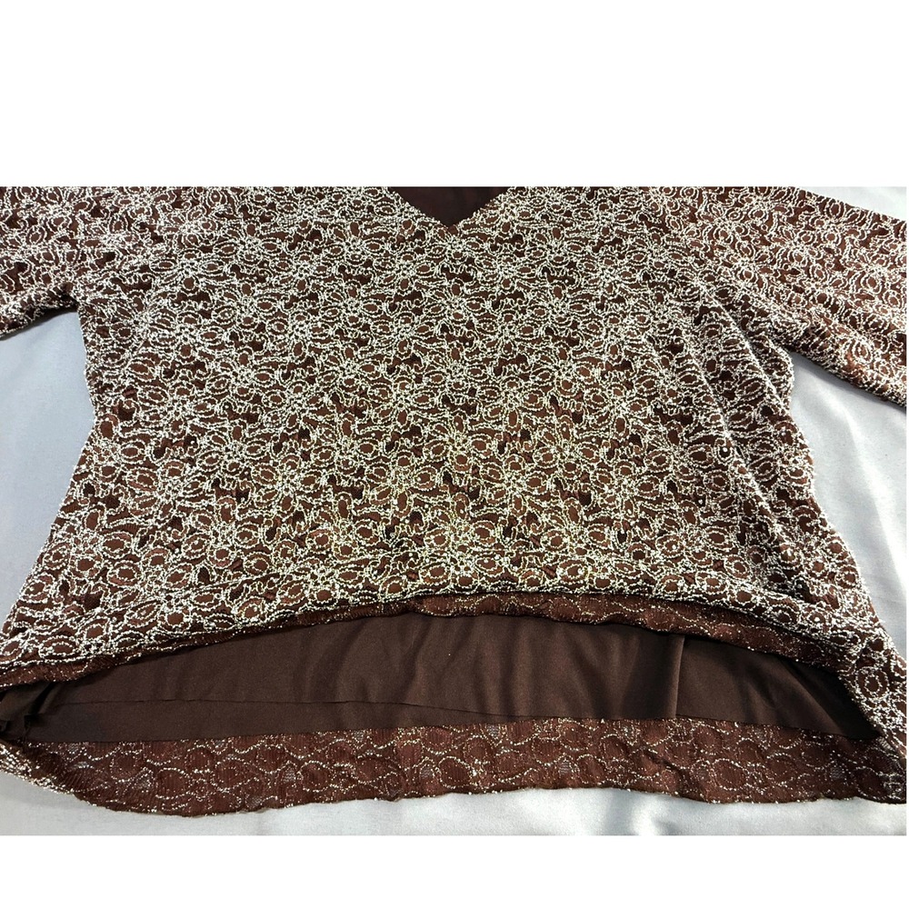 Vintage Maggie Barnes Brown Tunic‎ Top White Micro Beaded  Size 3X Glam Party - Picture 11 of 15